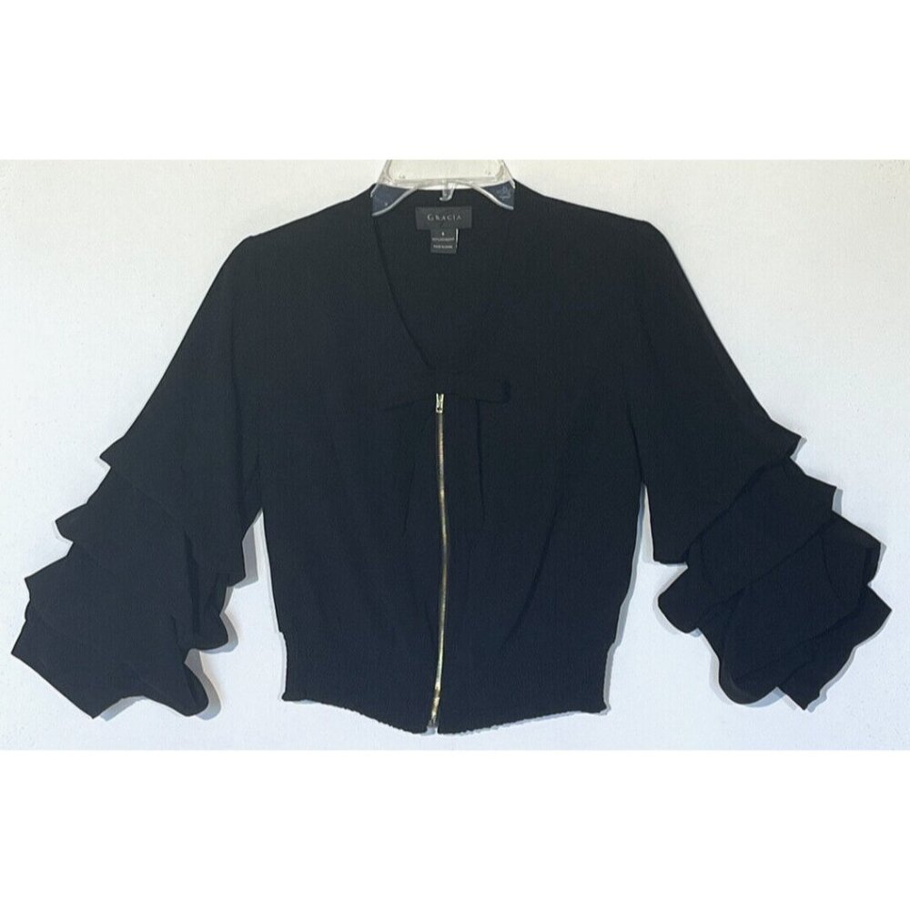 New Gracia Black Ruffle Sleeve V-Neck Zip Blouse Top - Picture 5 of 15